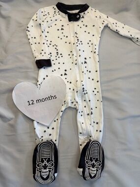 Burt’s Bees - Black & White Star Footed Pajamas for Kids - Cozy Zip-Up